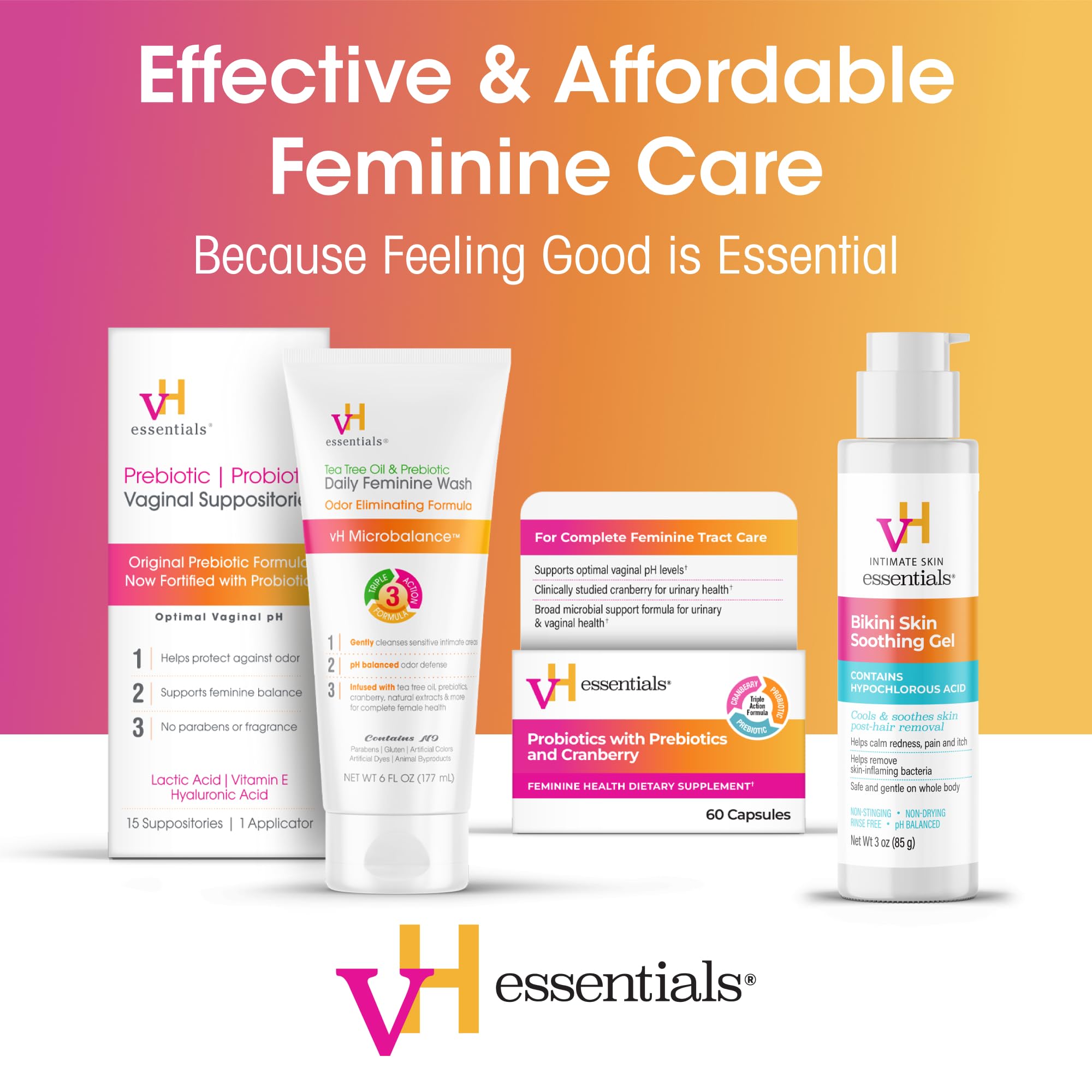 vH essentials Bikini Skin Soothing Gel with HOCl, 3 oz, a clear gel moisturizer for sensitive skin and skin comfort.