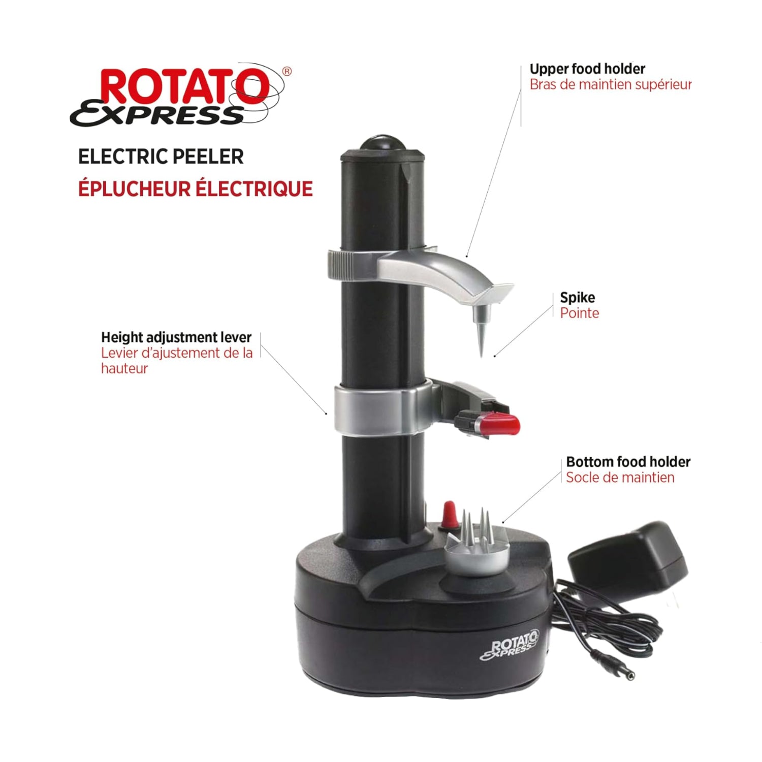 Starfrit Rotato Express electric peeler with two spare blades, showing the compact handheld design and safety features.