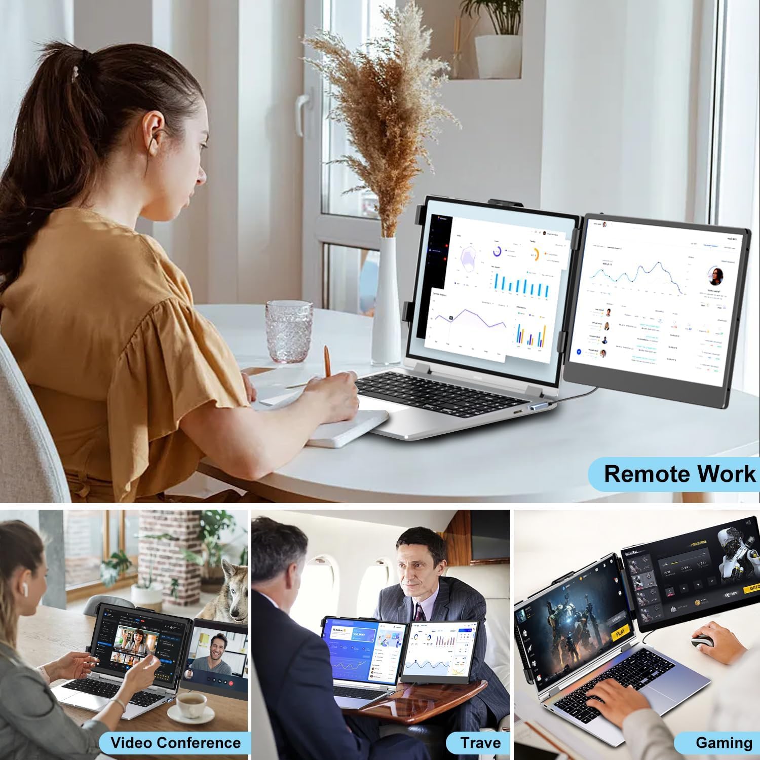 KEFEYA 14-inch FHD IPS portable laptop monitor extender with dual screens, USB-C and HDMI ports, compatible with Windows, Mac, Switch, PS5