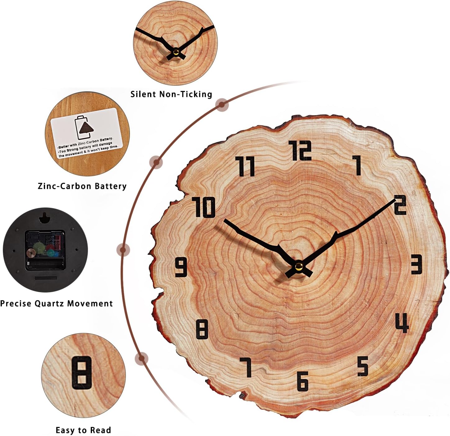 Rustic 12-inch wooden wall clock with silent operation, battery-powered home decor suitable for bathroom or living space.