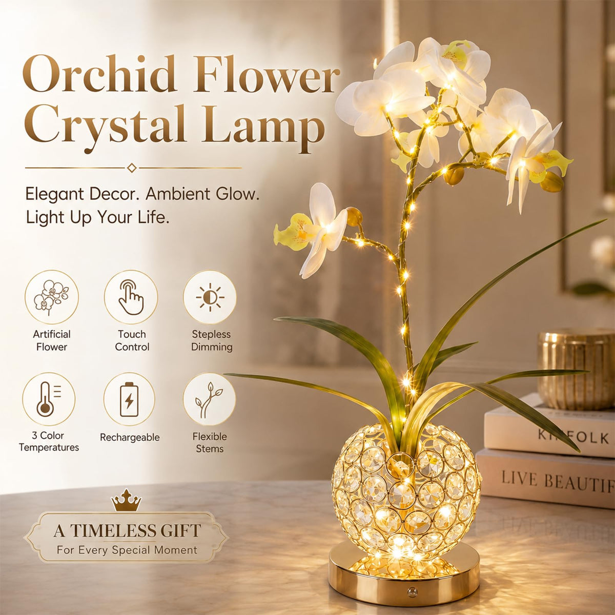 Flower Table Lamp 3 Colors Touch Stepless Dimming Orchid - Strackvial Official Imagery - 3