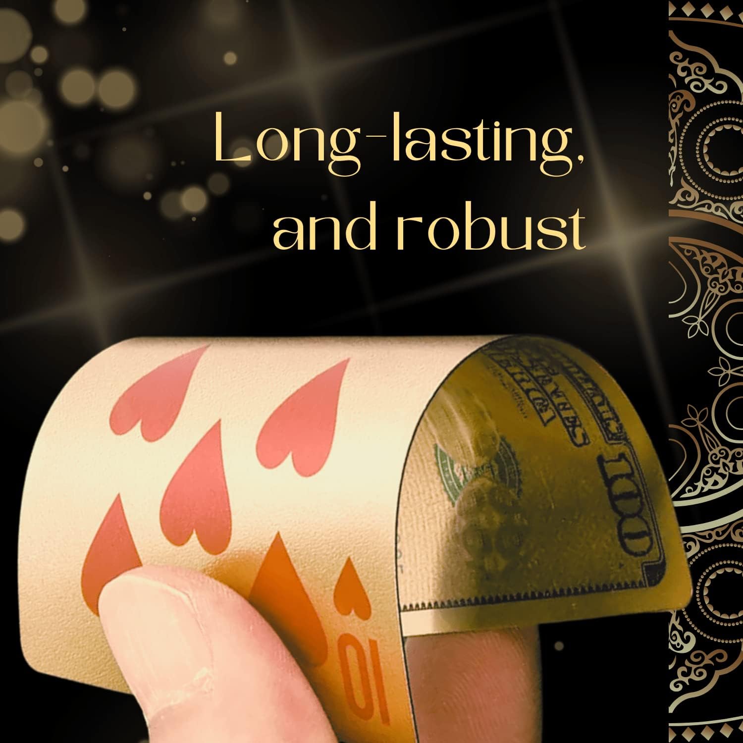 Magic Kiss waterproof gold and silver foil poker playing cards deck featuring plastic construction and intricate card designs.