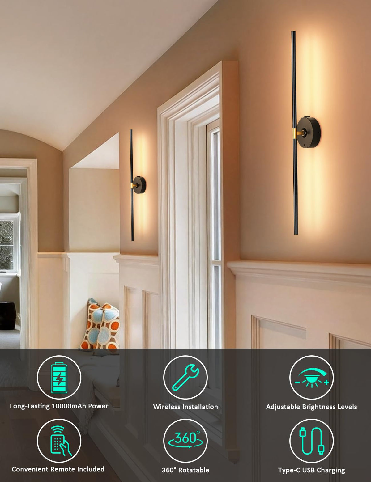 Wall Sconces Battery Operated Set of 2 10000mAh Rechargeable - TOOWELL Official Imagery - 4