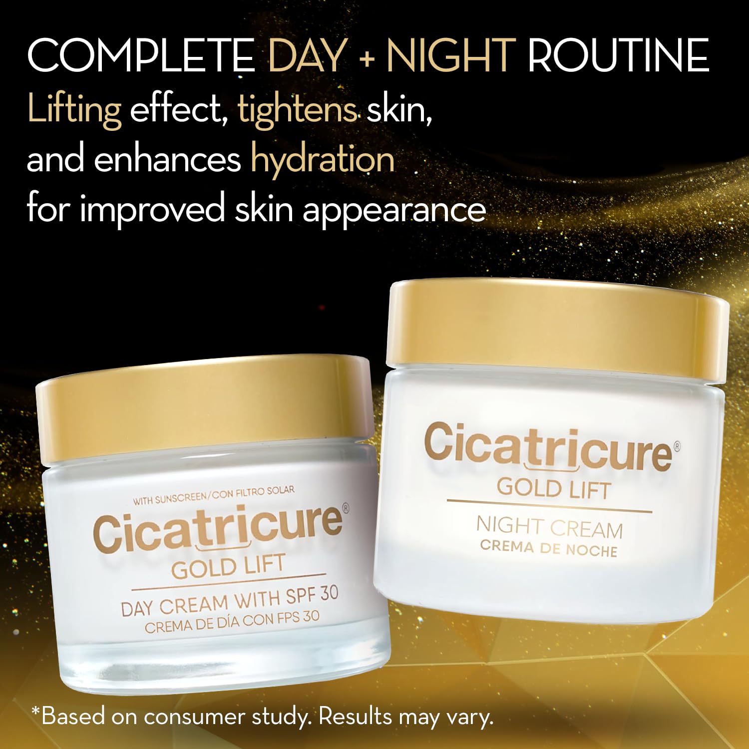 Cicatricure Gold Lift anti-wrinkle day and night cream gift pack with luxurious gold formula, suitable for mature skin.