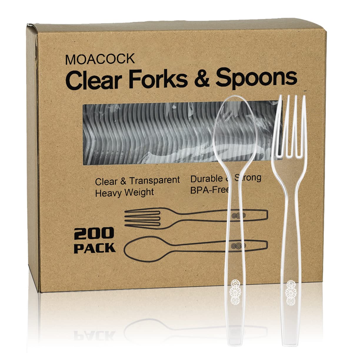 MOACOCK 200 Count Heavy Weight Clear Plastic Forks and Spoons - Product Imagery