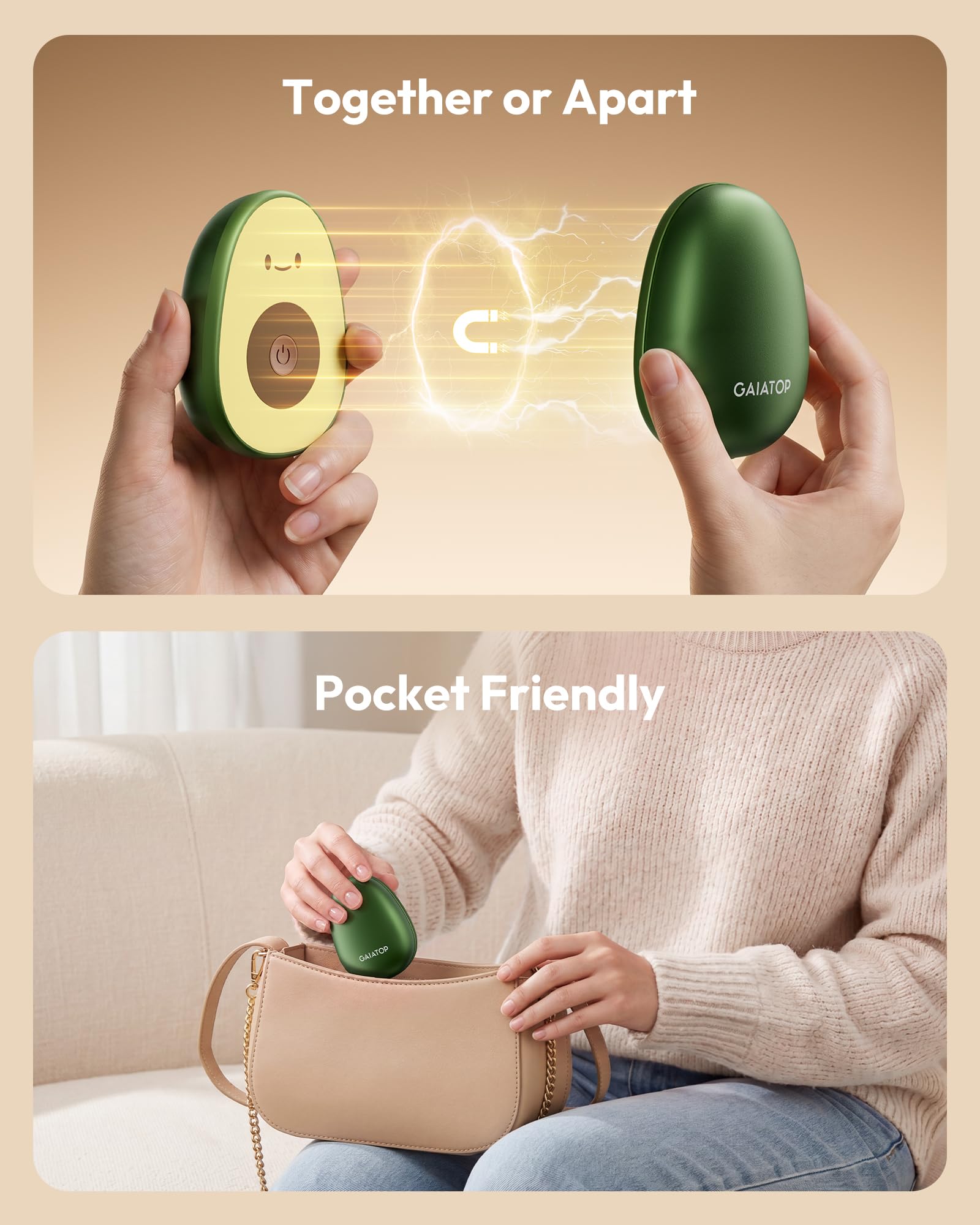 Gaiatop Rechargeable Hand Warmers 2 Pack, Magnetic, Avocado - View 4