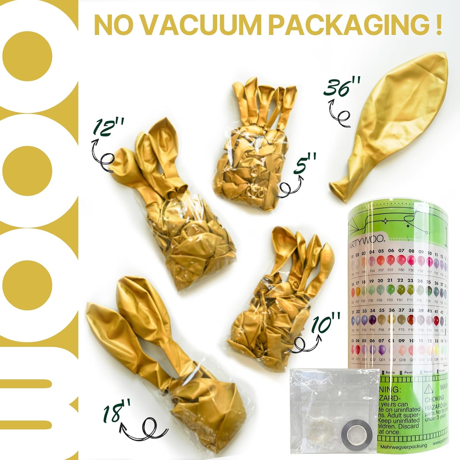 PartyWoo gold balloons in various sizes including 36, 18, 12, 10, and 5 inches, arranged for a balloon arch display
