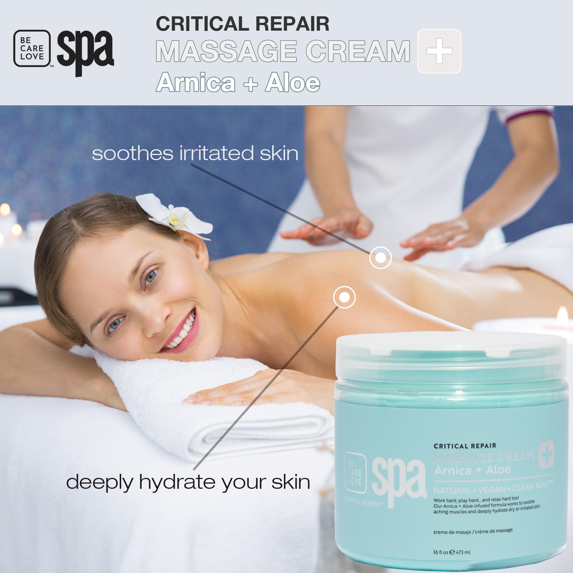 BCL Spa Critical Repair Massage Cream with Arnica, Aloe Vera, Kelp, Argan Oil, Shea Butter | Soothing Relief and deep Skin Nourishment Body Moisturizer, Vegan, Organic | Made in USA | 16 fl oz