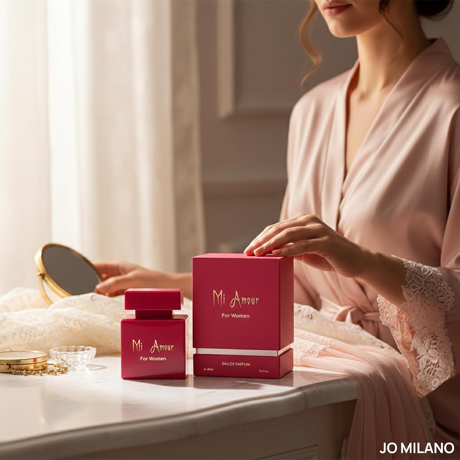 Jo Milano Paris Mi Amour Eau De Parfum spray with vanilla, rose, floral, fruity, fresh scent in a 3.4 oz bottle