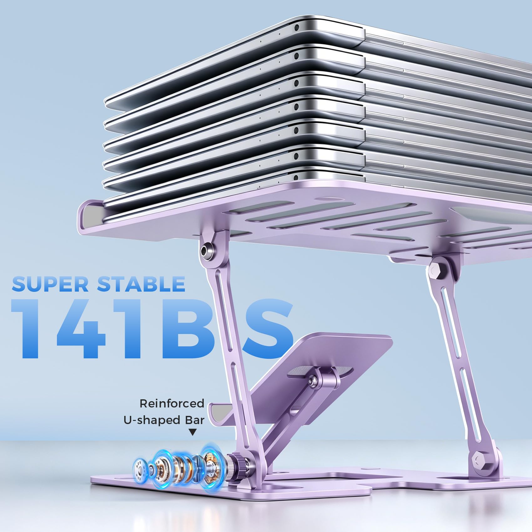 Purple Lajou ergonomic 2-in-1 laptop and phone stand with adjustable height, portable and sturdy for desk use.