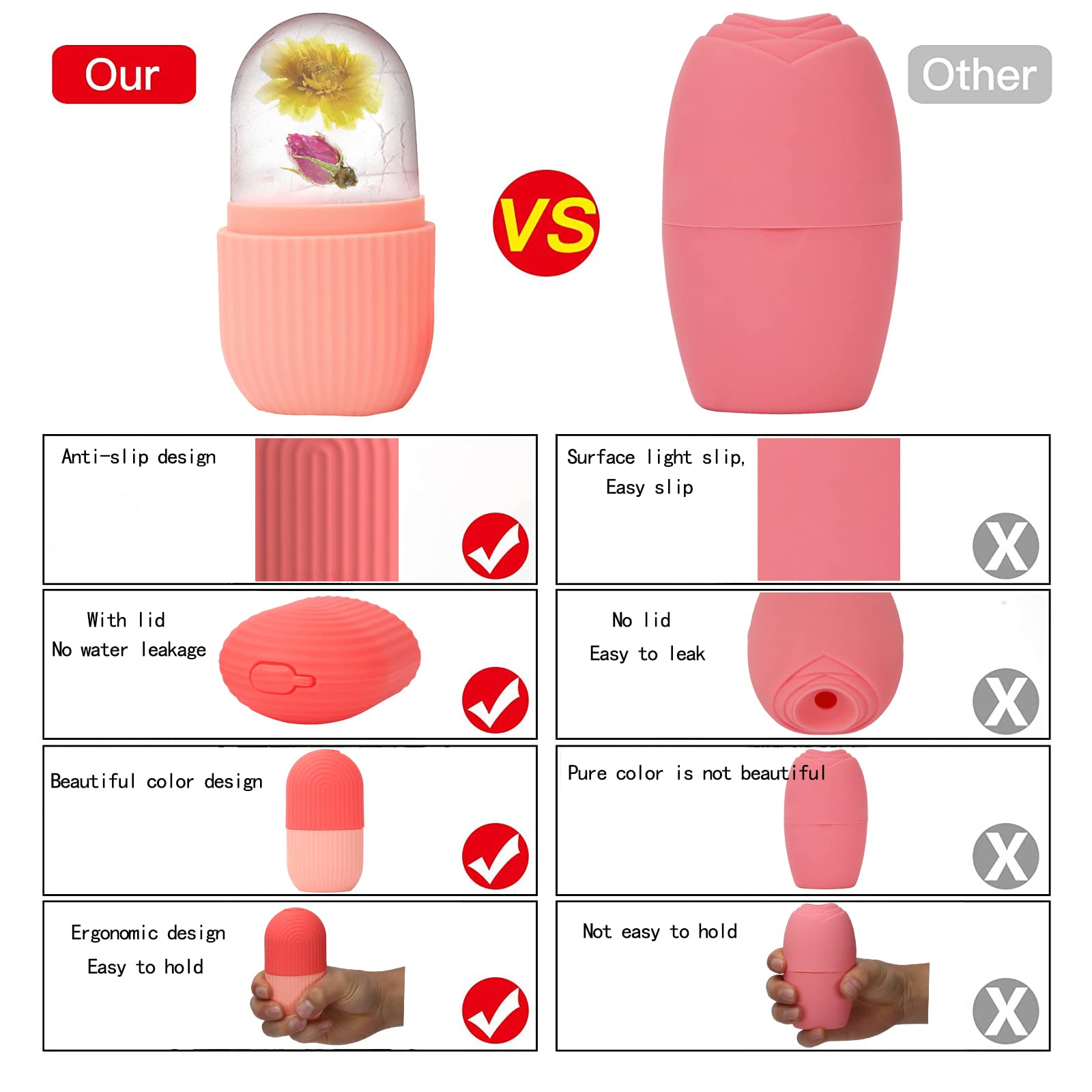 XHJRI pink ice cube roller massager for face and neck, showing the compact handheld design and smooth rolling surface.