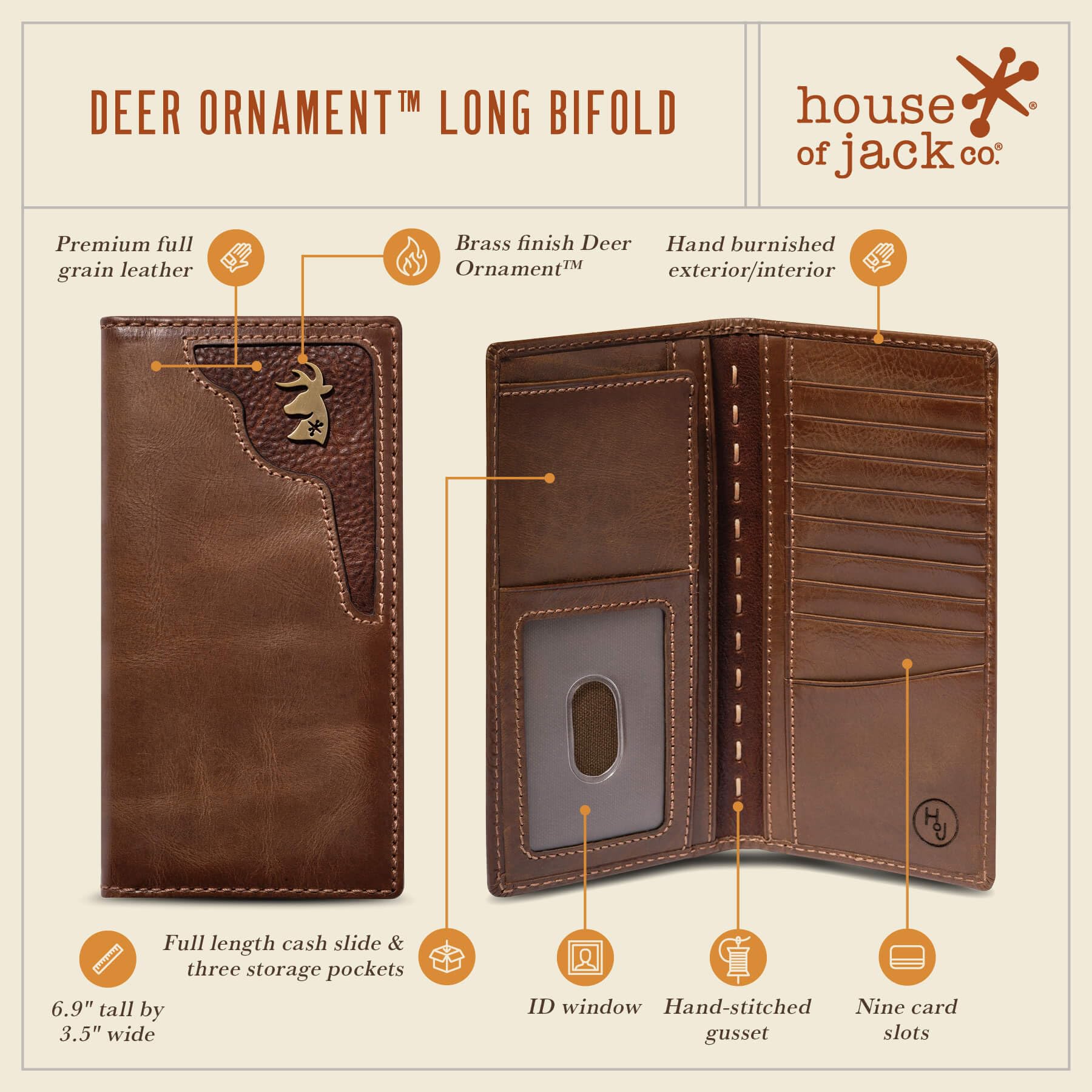 House of Jack Co. Deer Ornament Long Bifold Rodeo Wallet, Hunting Wallet