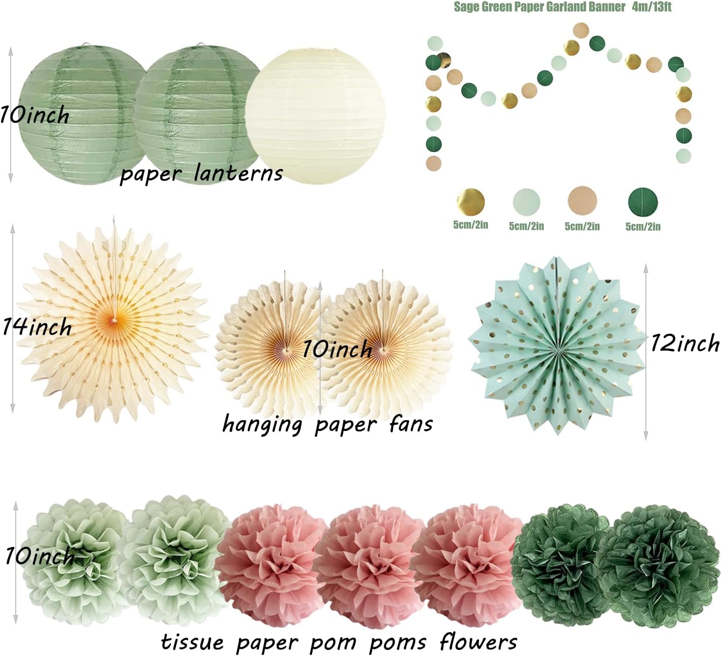 Sage green and dusty pink party decorations, including balloons and banners, for stylish celebration events.