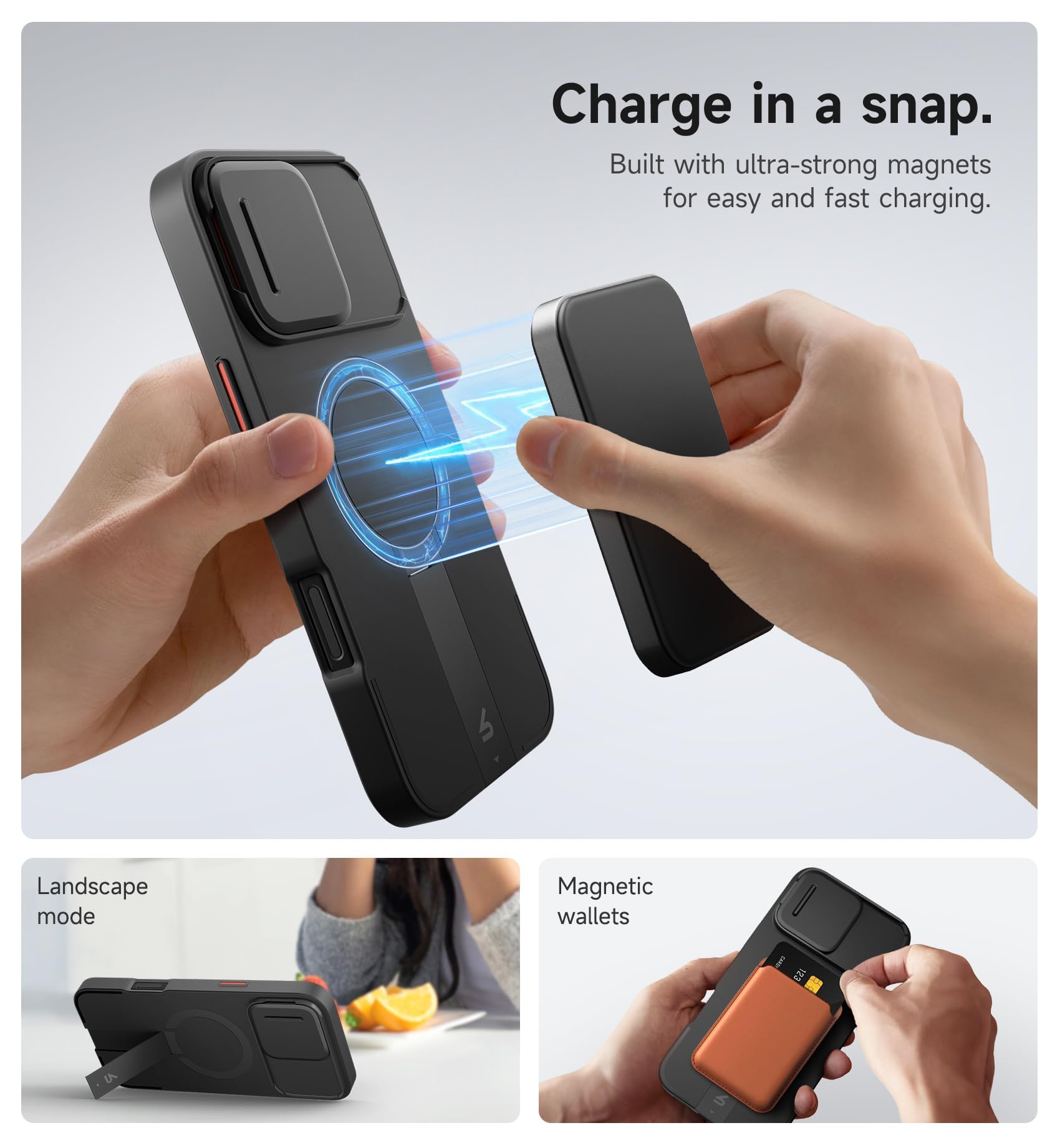 Black SURITCH iPhone 16 Pro Max case with magnetic camera cover, adjustable kickstand, shockproof bumper, slim design, compatible with MagSafe.