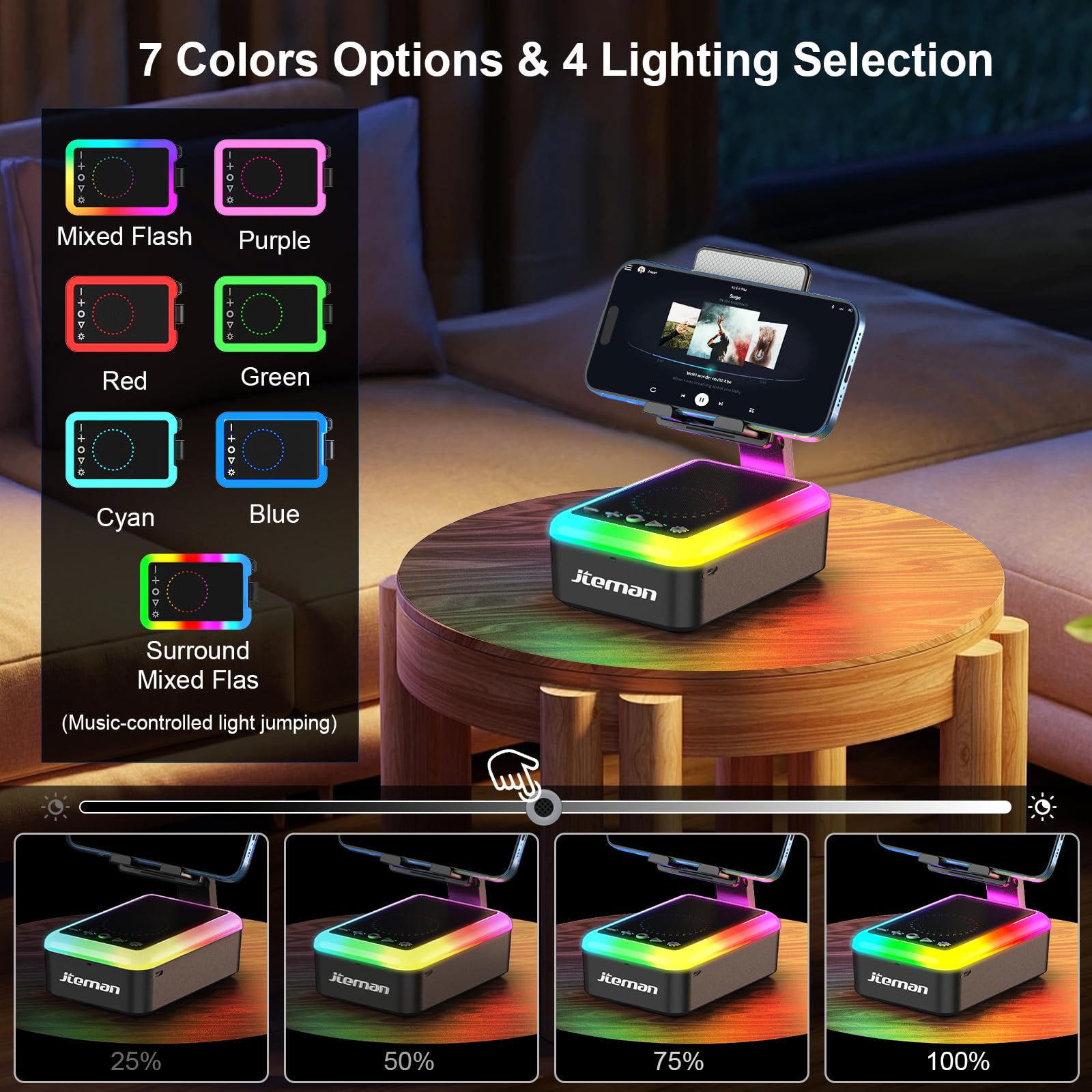 JTEMAN Gifts for Men Women, Cell Phone Stand with Bluetooth Speaker and Light, P - JTEMAN Official Product View 3