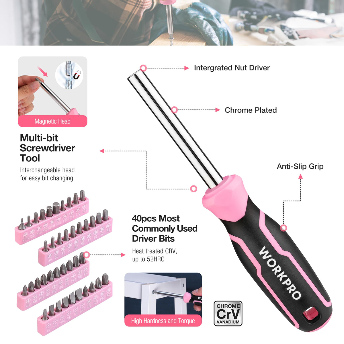 WORKPRO 258PCS Pink Tool Set Portable Home Basic Tool Kit - WORKPRO Official Imagery - 7