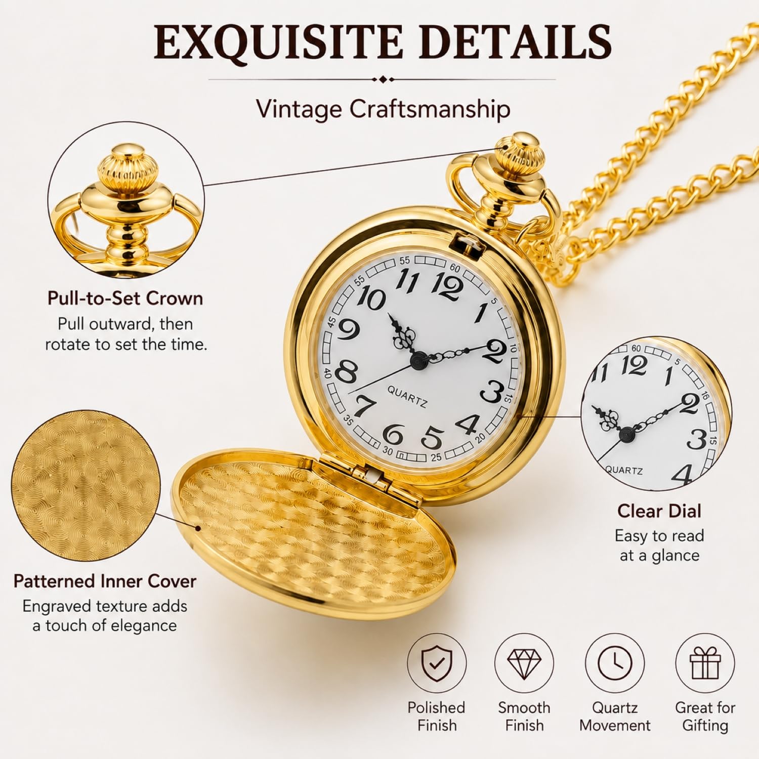 I-MART Smooth Vintage Pocket Watch with Chain - View 7
