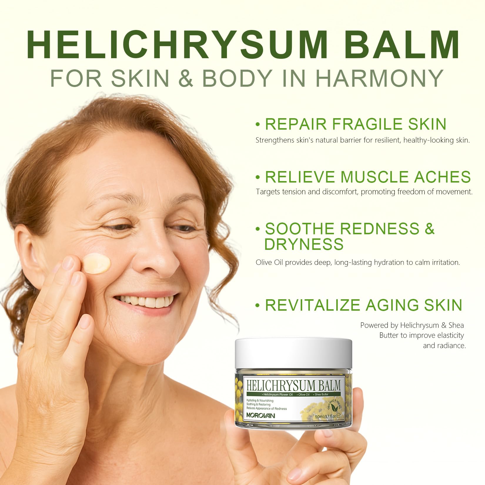 Morovan Helichrysum Bruise Balm skin moisturizer and muscle relief balm in a jar with a natural herbal appearance.