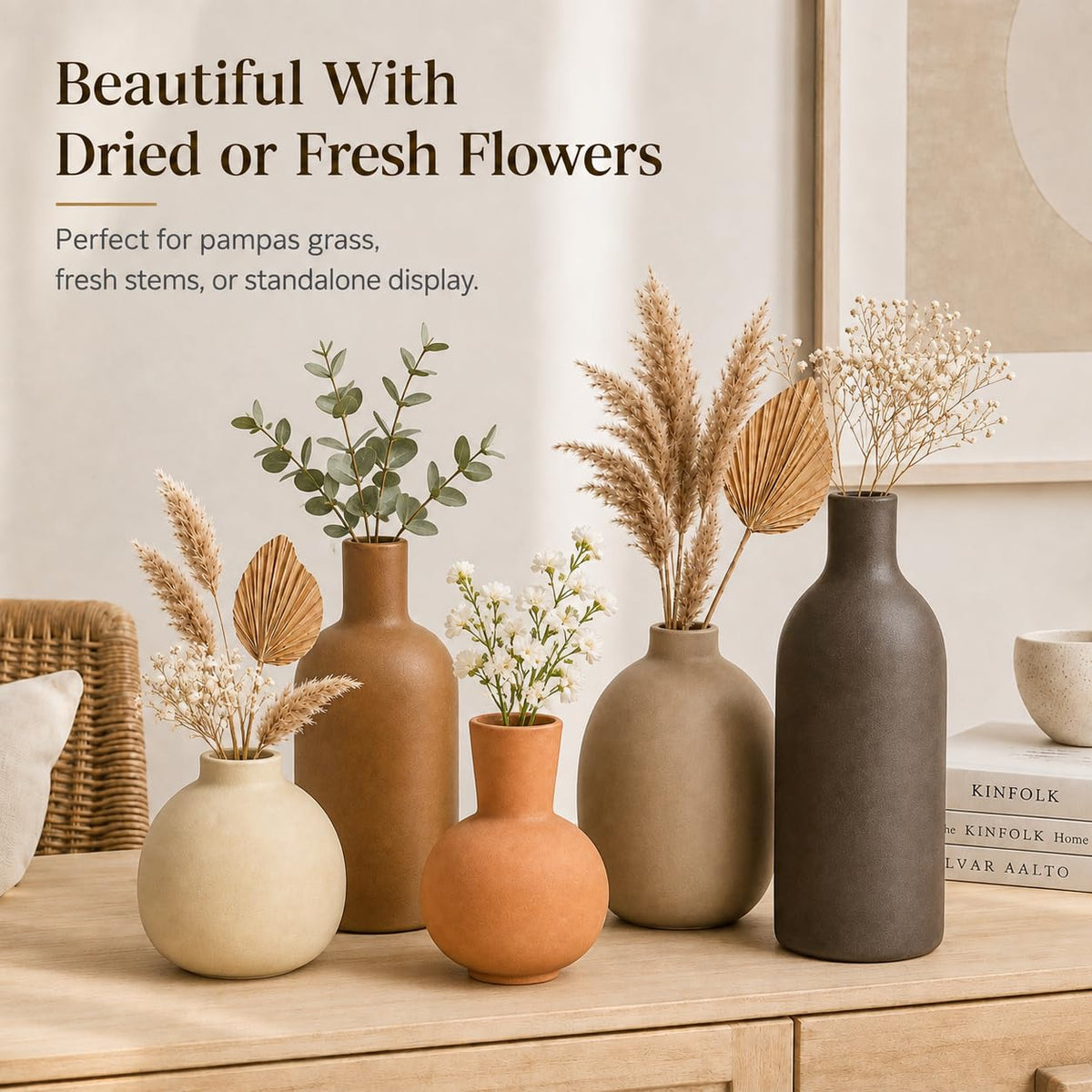 Neutral Ceramic Vase Set 5 Matte Earth Tone Vases for - OLACHIKKO Official Imagery - 3