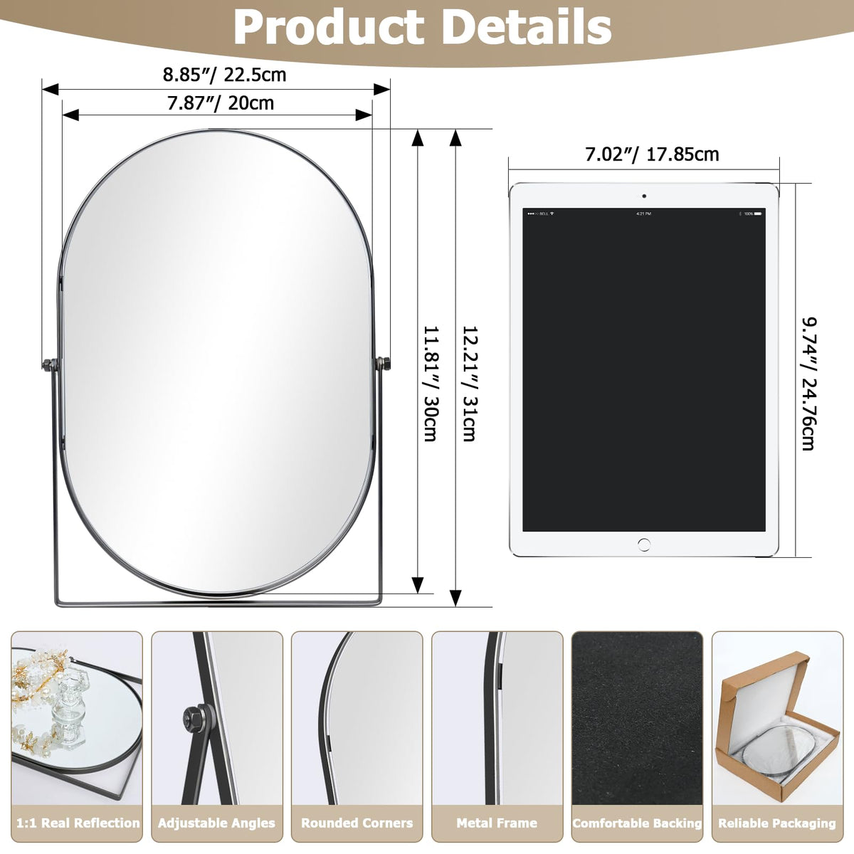 Vanity Desk Table Mirror with Stand and Metal Frame 8 x 12 - QEEYON Official Imagery - 4