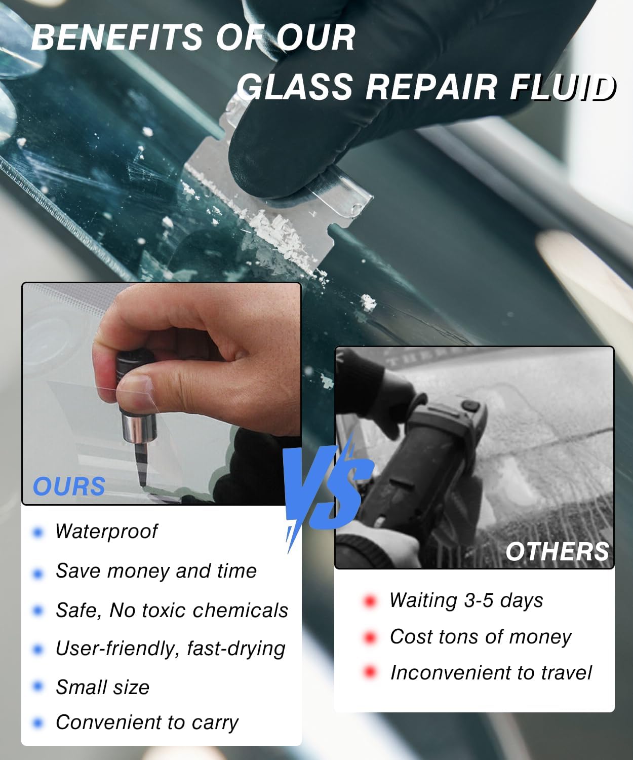 JPOBFT windshield crack repair kit with tools for fixing chips and cracks on car windshields, includes resin and application tools