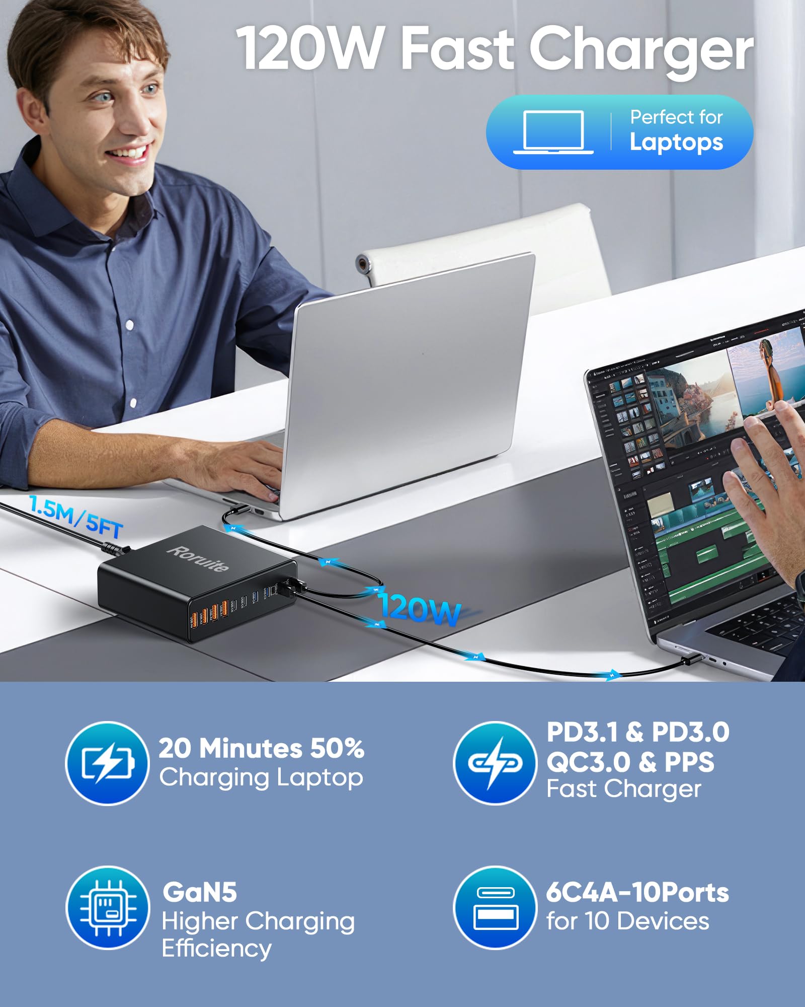 Roruite 1000W USB C Charging Station, 120W PD GaN5 Super Fast USB by Roruite - Angle View 3