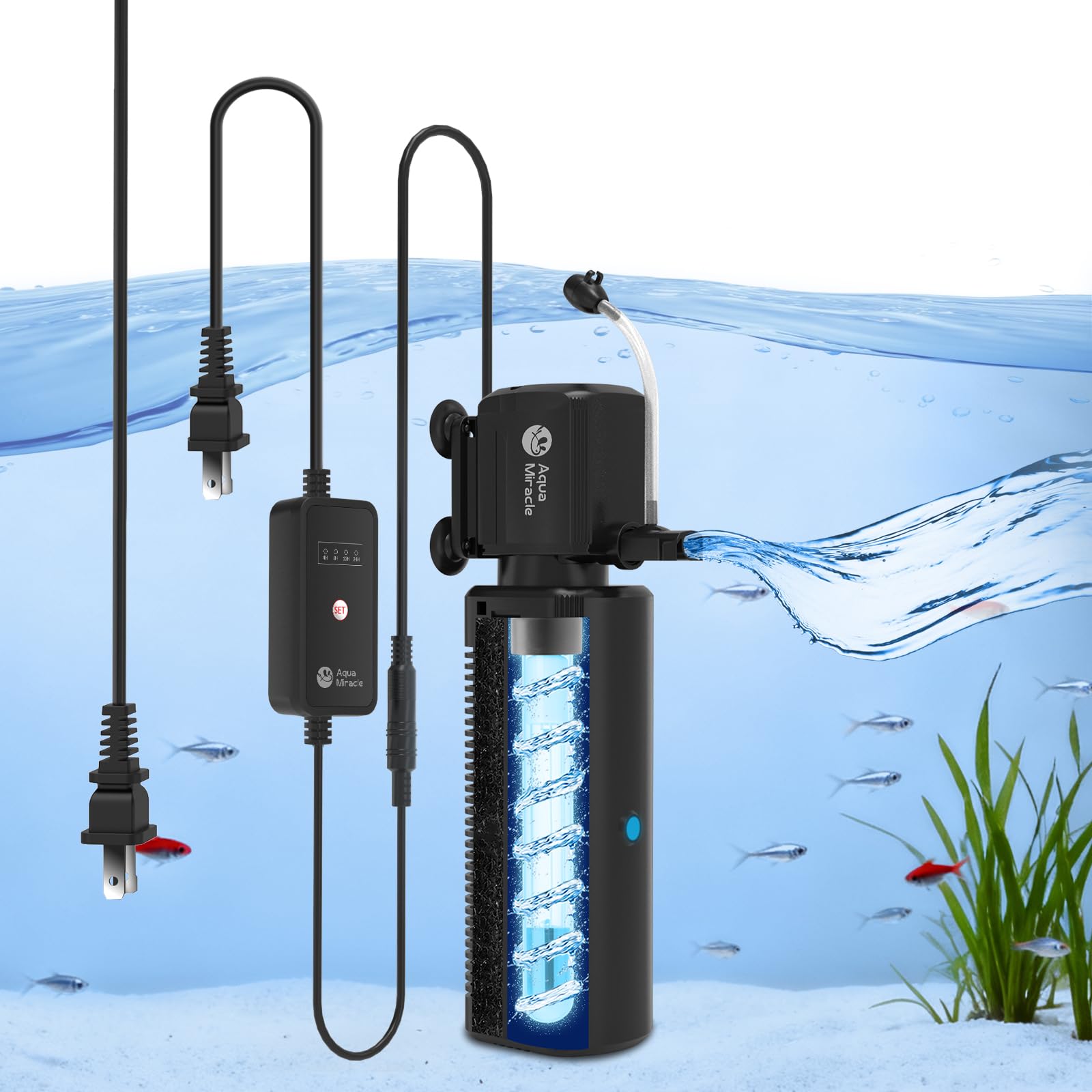 AquaMiracle Fish Tank Filter with Timer & Filter Sponge, 130GPH U - AquaMiracle Official Product View 1