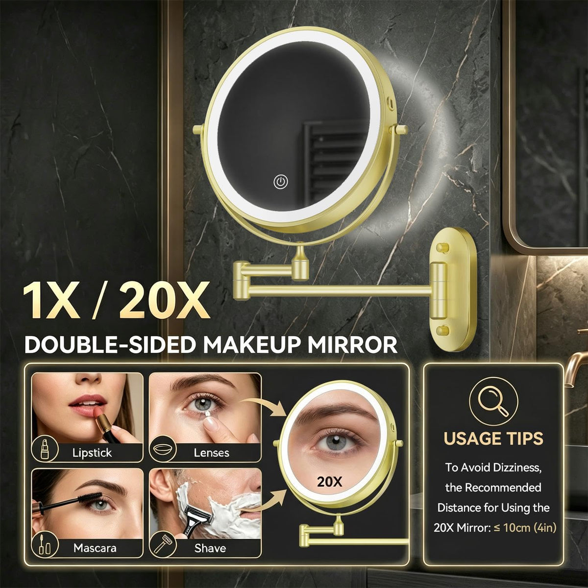 Auxmir 1X 20X Wall Mounted Makeup Mirror 8 Rechargeable - Auxmir Official Imagery - 4