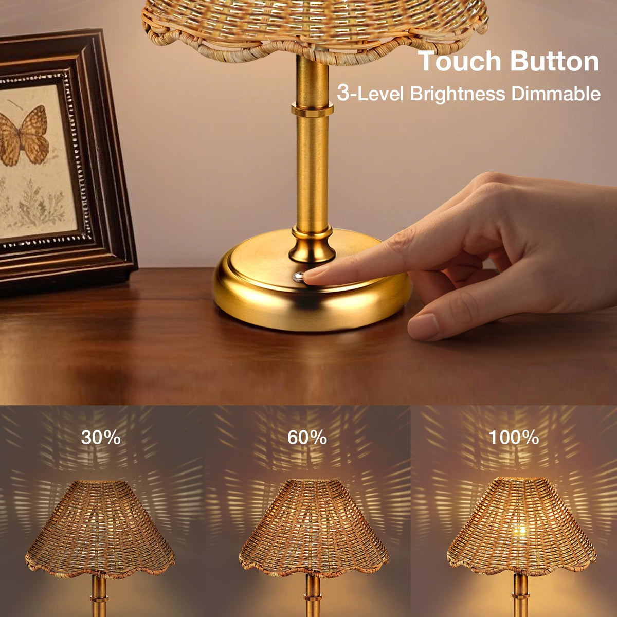 Mini Cordless Boho Rattan Table lamp 5200 mAh Rechargeable - Folux Official Imagery - 5