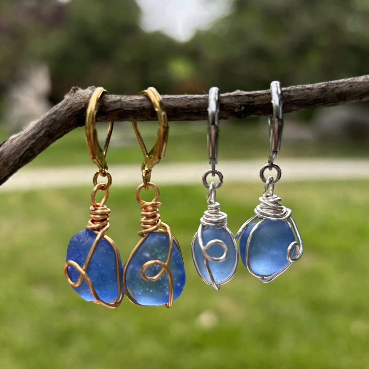 Handmade Sea Glass Wire Wrap Drop Earrings Jewelry Beach - PEPELUALI Official Imagery - 7