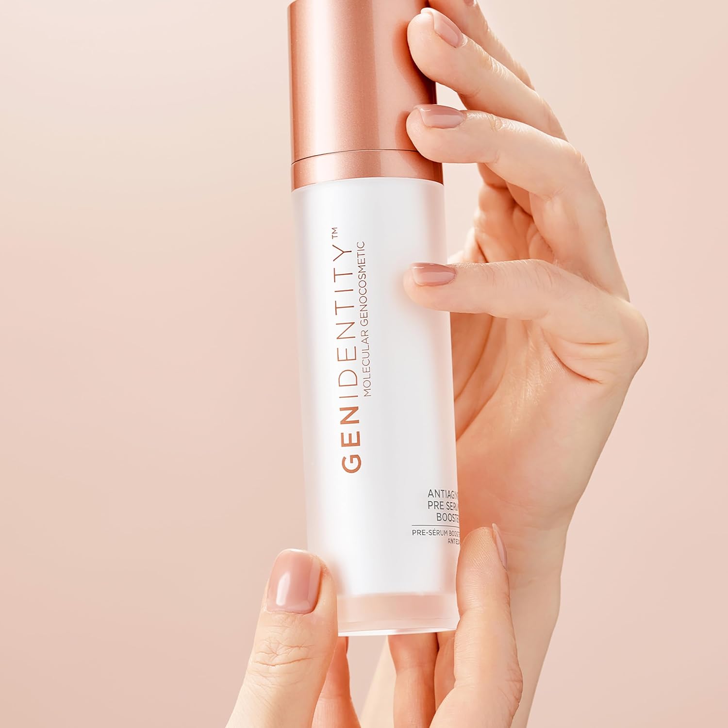Gen Identity anti-aging pre-serum booster with hyaluronic acid for face, showing a clear serum bottle and dropper applicator.