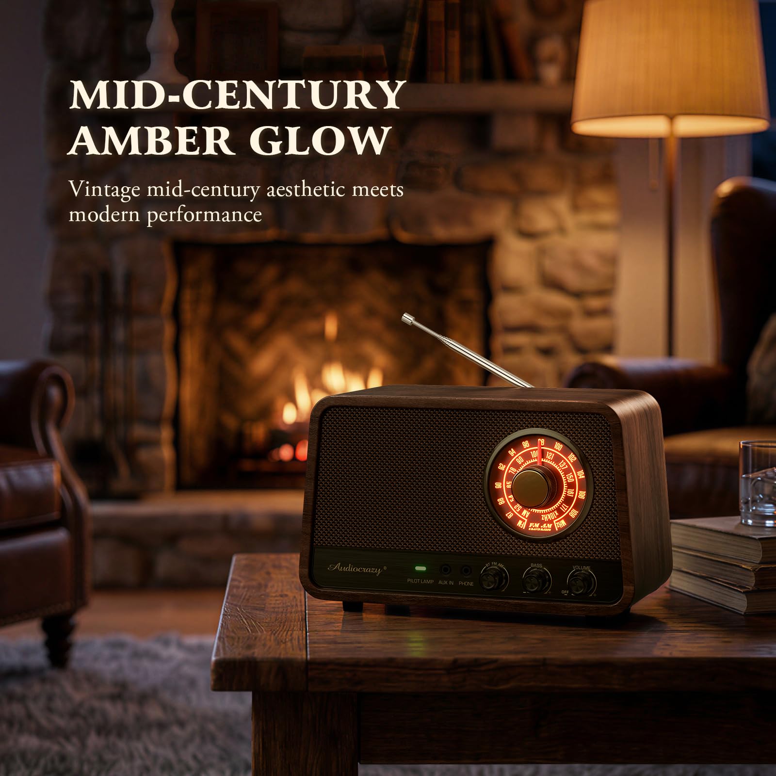 Audiocrazy Vintage Wood AM FM Bluetooth Radio, 10W Espresso