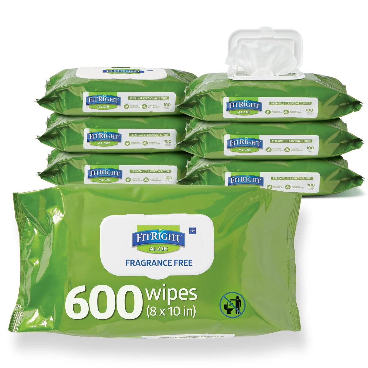 FitRight Personal Cleansing Wipes with Aloe 8x10 Unscented - Medline Official Imagery - 1