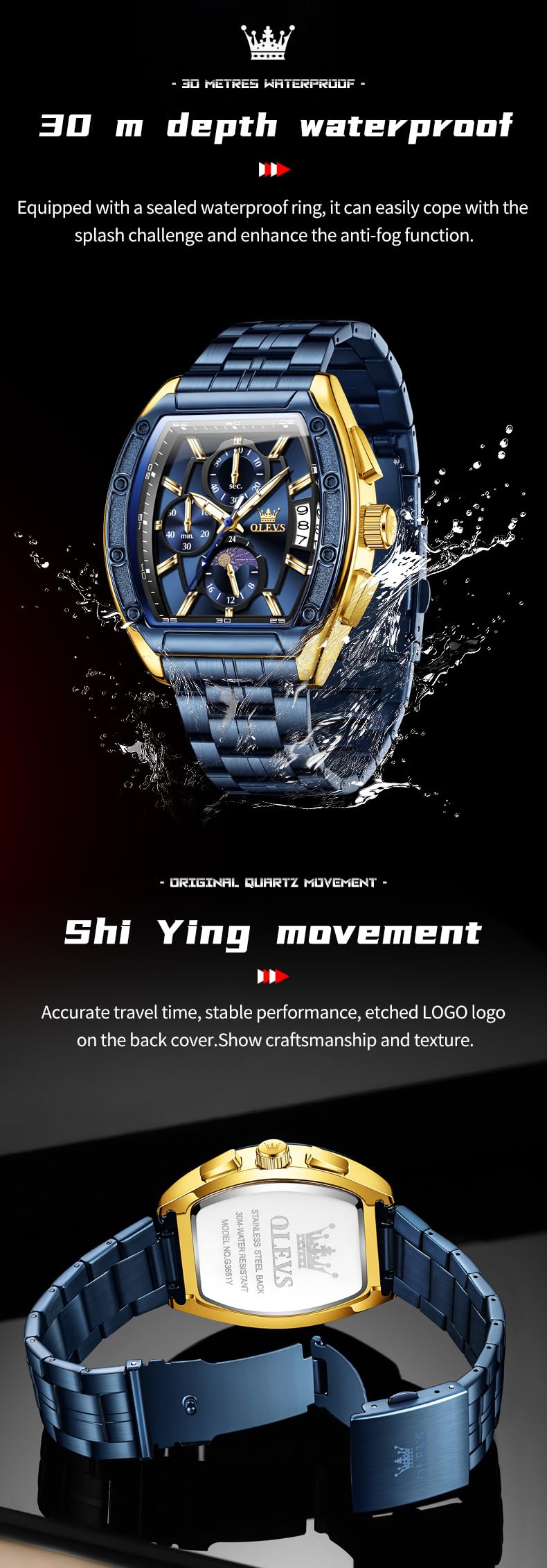 OLEVS Men's Chronograph Square Watch – Gold Blue