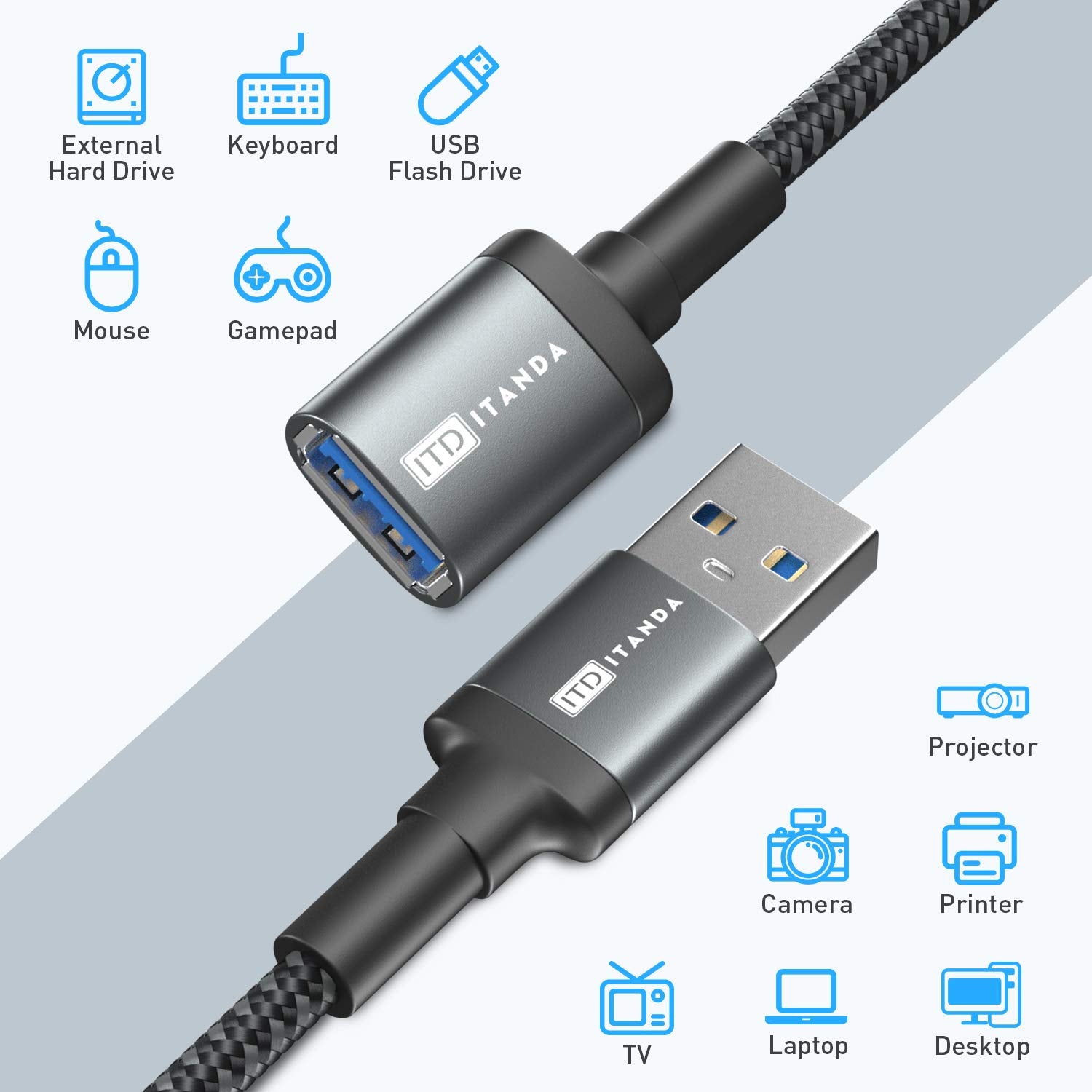 ITD ITANDA 10ft USB 3.0 extension cable with Type A male to female connectors, ideal for keyboard, mouse, printer, and more