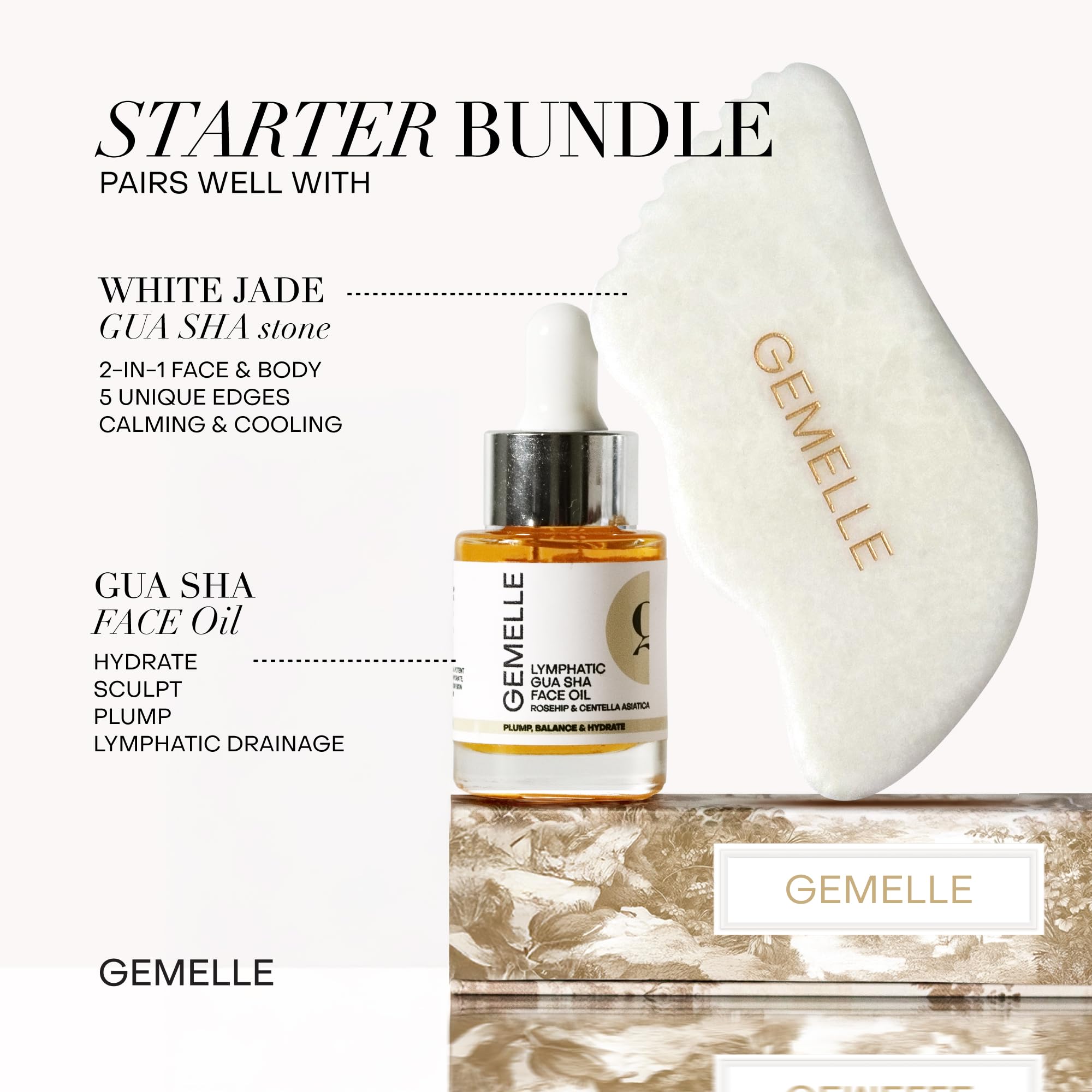 Lymphatic Gua Sha Face Oil with Jade Gua Sha Stone Set - GEMELLE