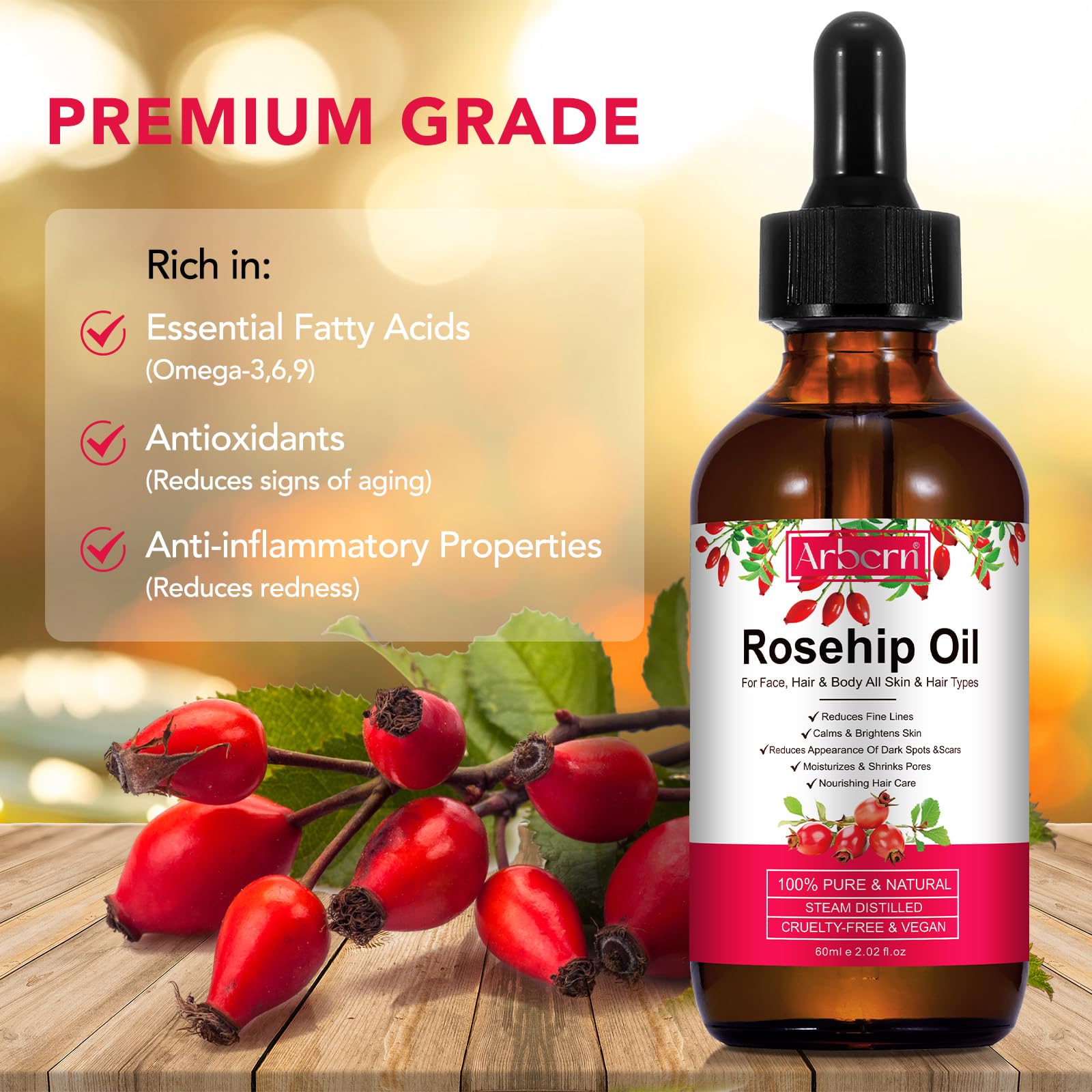 A r b c r n Rosehip Oil for Face,100% Pure Rosehip Seed Oil Cold Pressed - A r b c r n Official Product View 8
