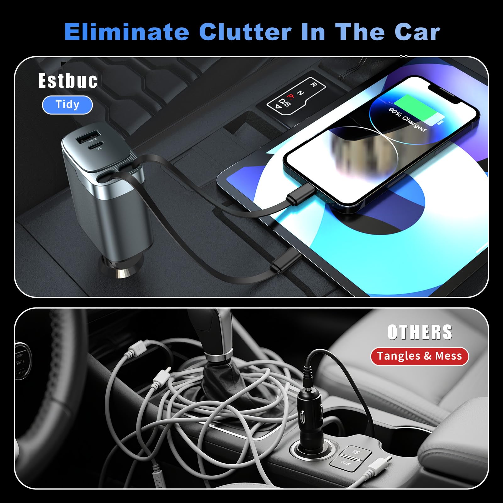 Estbuc 84W Retractable Car Charger, 4-in-1 Car Charger Adapter US - Estbuc Official Product View 4