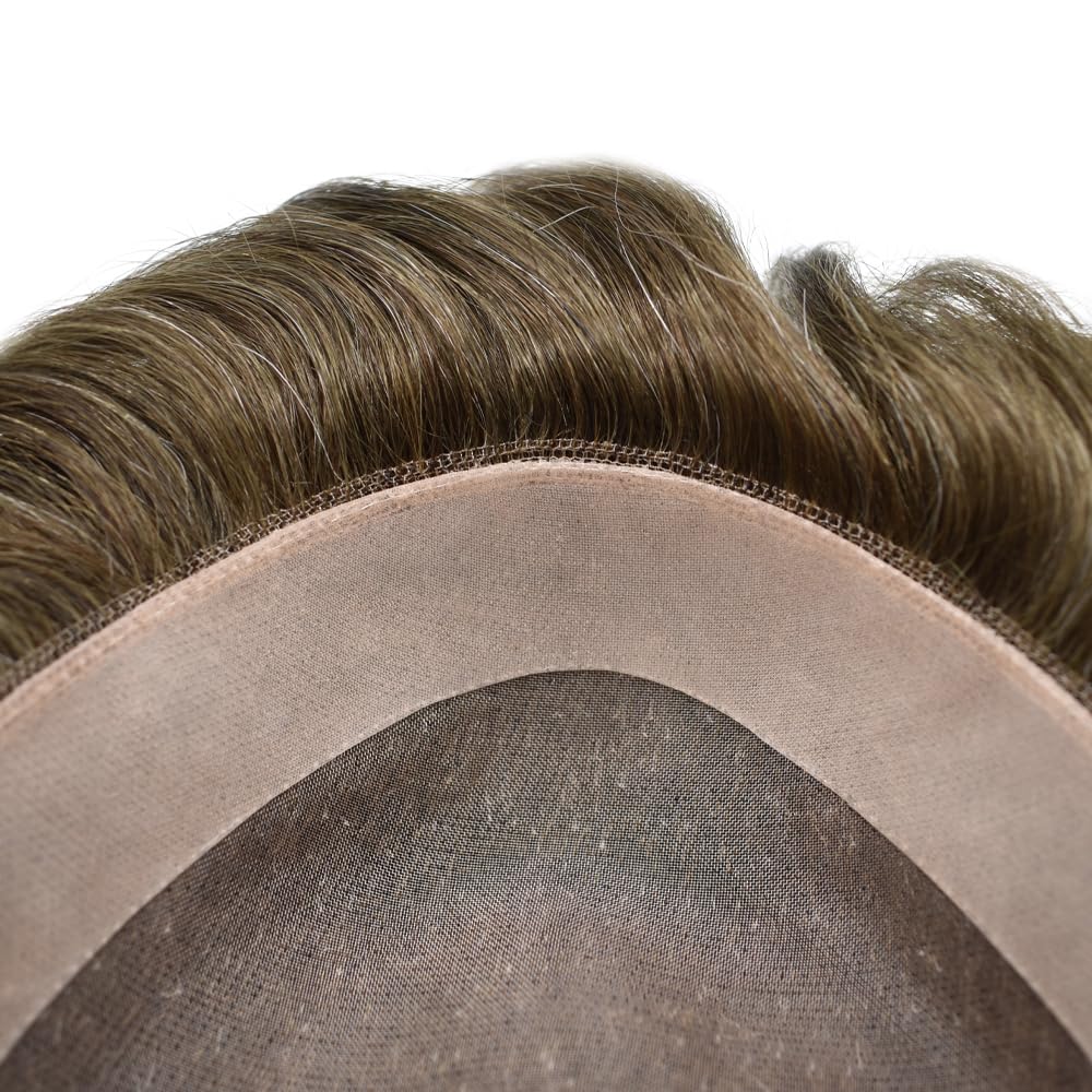 Curve Hair Mens Toupee Human Hair Piece Replacement System Monofilament Wig Hair Unit for Men Durable Poly Coated Mens Hairpiece (#540 Light-Med Brown+40% Gray, 6"X8")