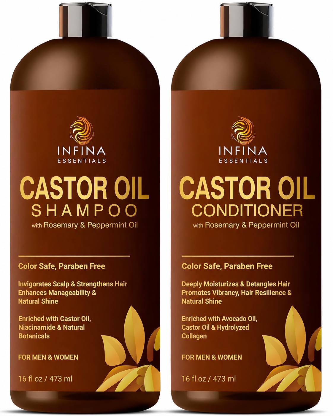 INFINA ESSENTIALS Castor Oil Shampoo and Conditioner Set for Hair Growth, 16 fl oz - INFINA ESSENTIALS Official Product View 2
