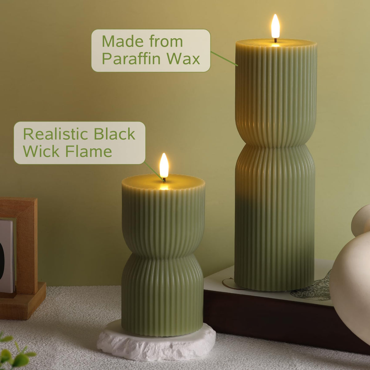 Olive Green Ribbed Flameless Pillar Candles with Remote Set - Girimax Official Imagery - 7