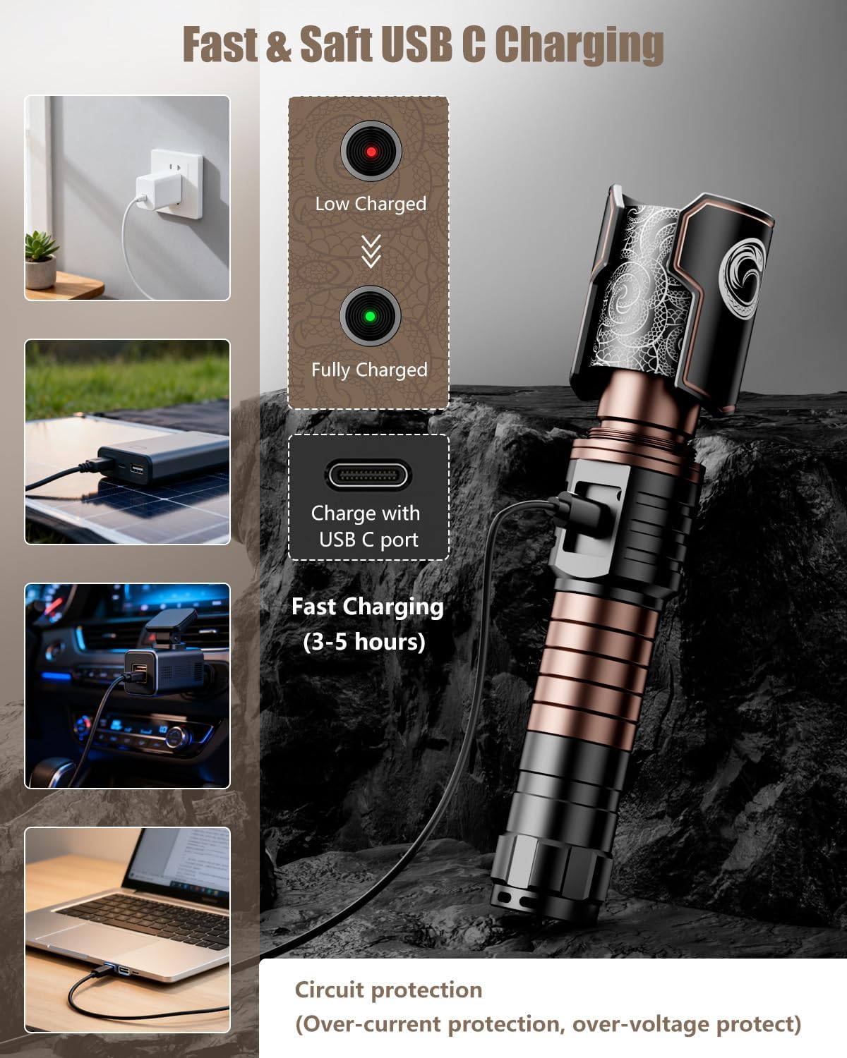 SKYFIRE rechargeable LED flashlight with high lumens, tactical design, compact size, and durable build for outdoor and emergency use