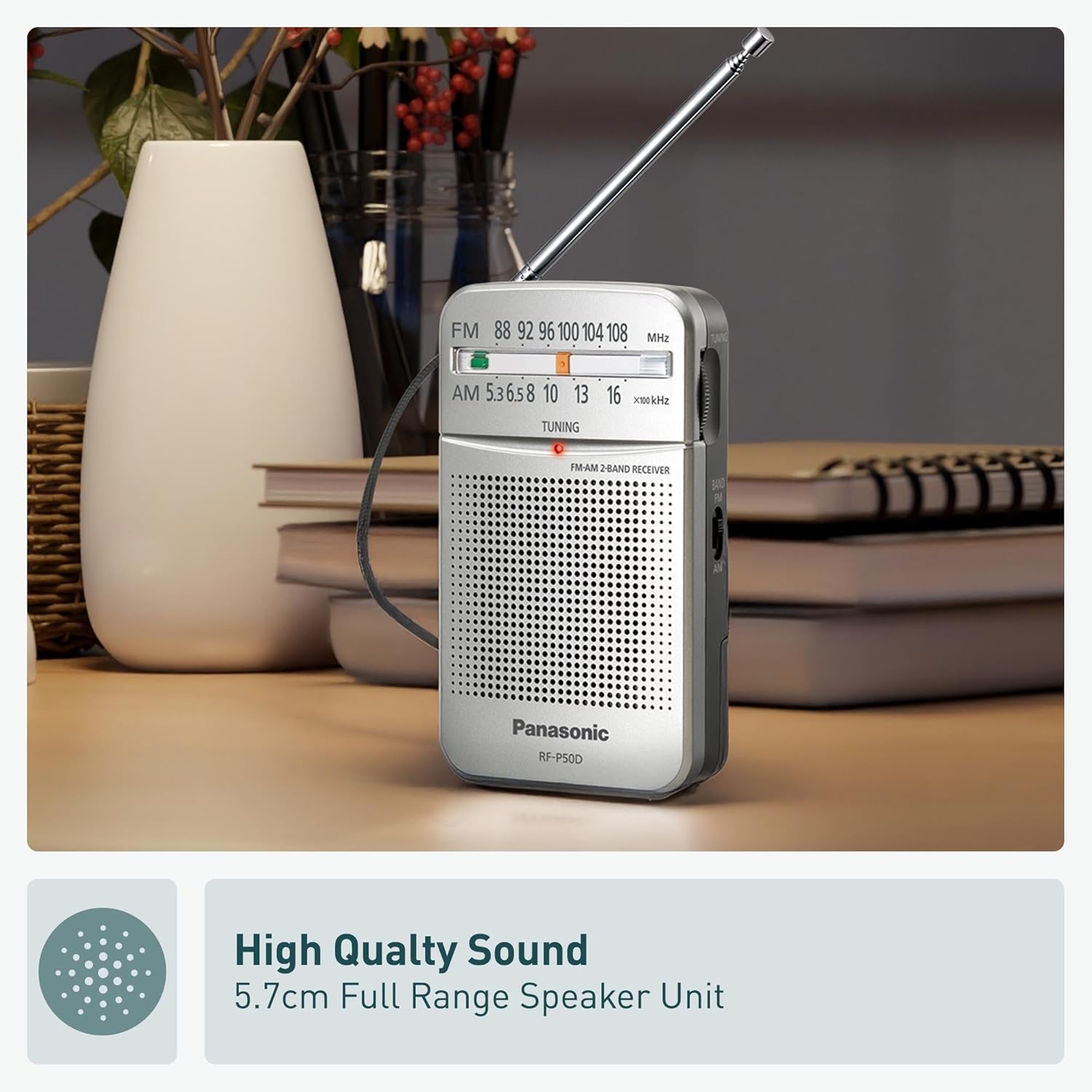 Panasonic RF-P50D portable FM/AM radio with digital tuner, large dial, compact design, and easy-to-use controls.