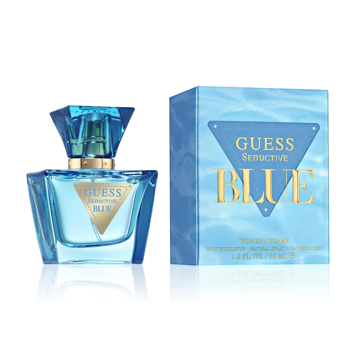 Guess Seductive Blue women’s Eau de Toilette perfume spray, 1 oz, featuring a sleek blue bottle and elegant design.