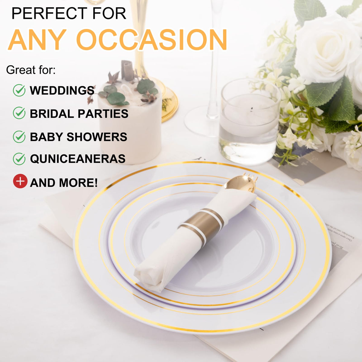50Pack Pre Rolled Gold Plastic Silverware Set Heavy Duty for - Joyido Official Imagery - 5