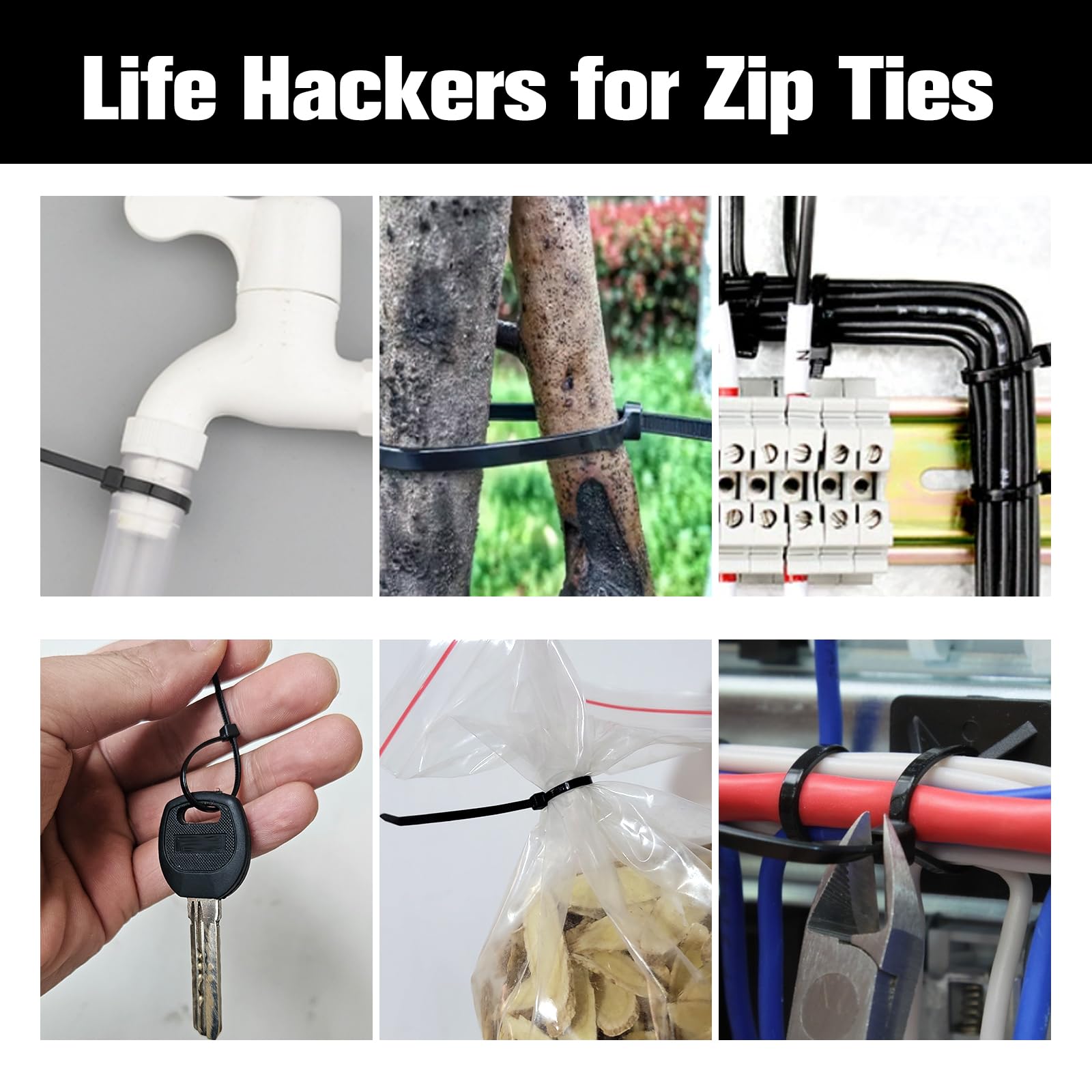 Black nylon cable zip ties, 4-inch self-locking wire ties, ideal for home, garden, garage, indoor and outdoor use.