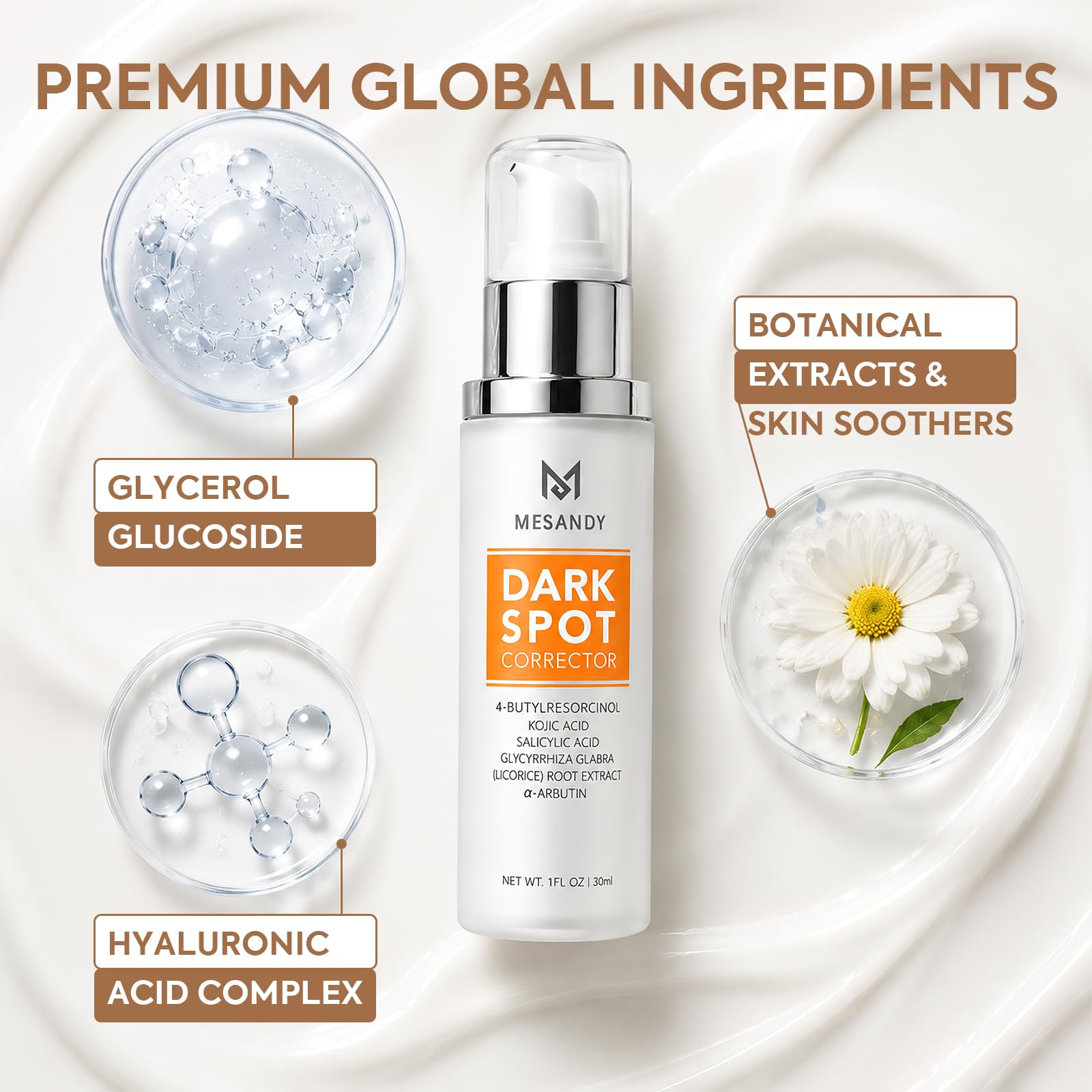 MESANDY dark spot corrector serum with niacinamide and kojic acid showing the creamy skincare product in a tube and applicator.