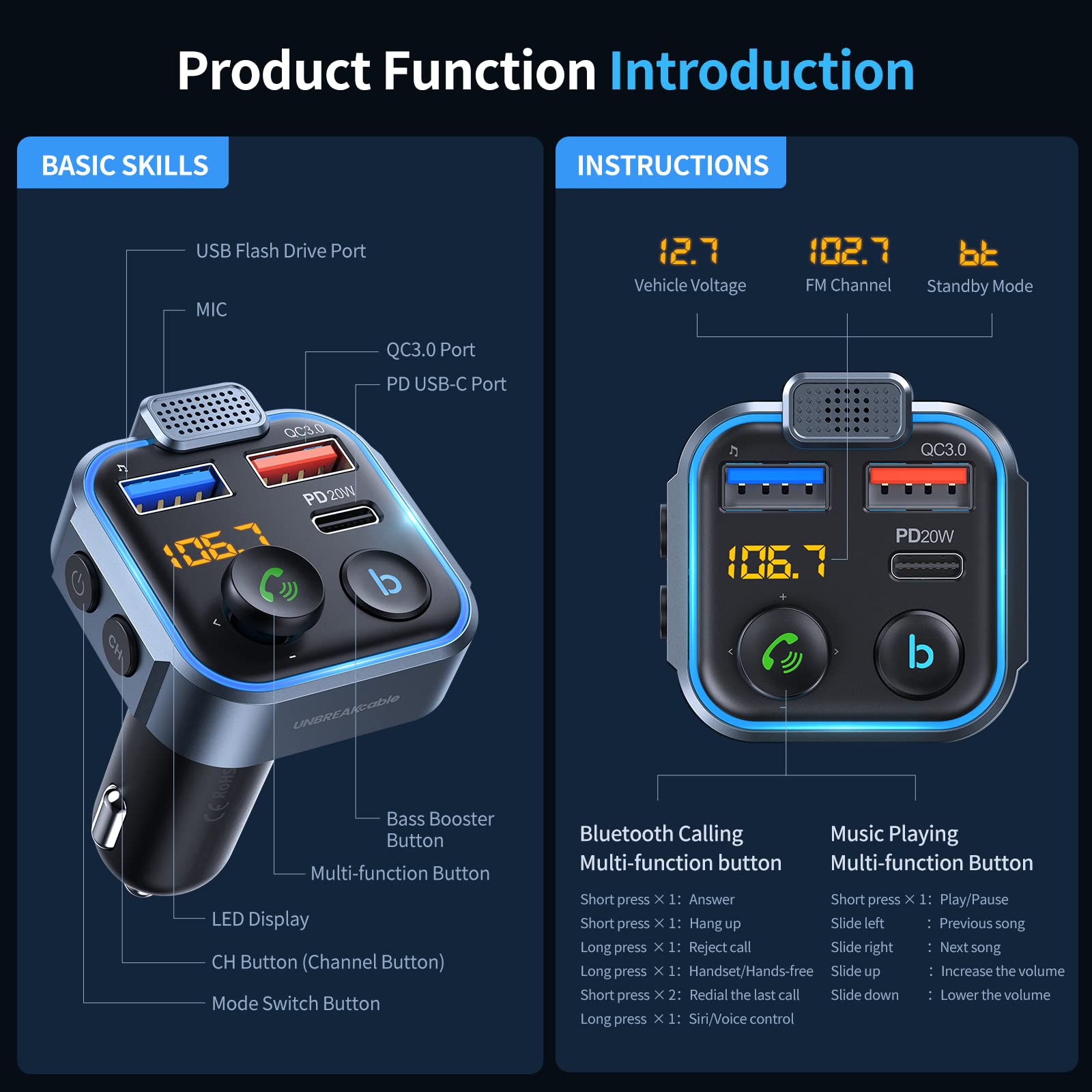 UNBREAKcable Bluetooth 5.3 FM Transmitter for Car Radio Adapter C by UNBREAKcable - Angle View 4