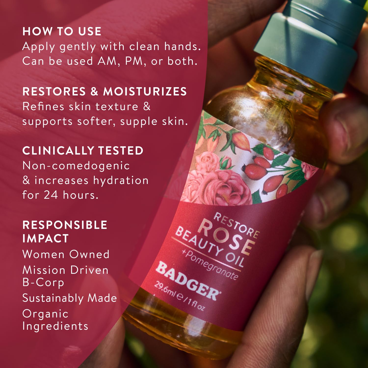 Badger Organic Rose Face Oil, Calming & Hydrating, 1 fl oz Glass Bottle - Badger Official Product View 5