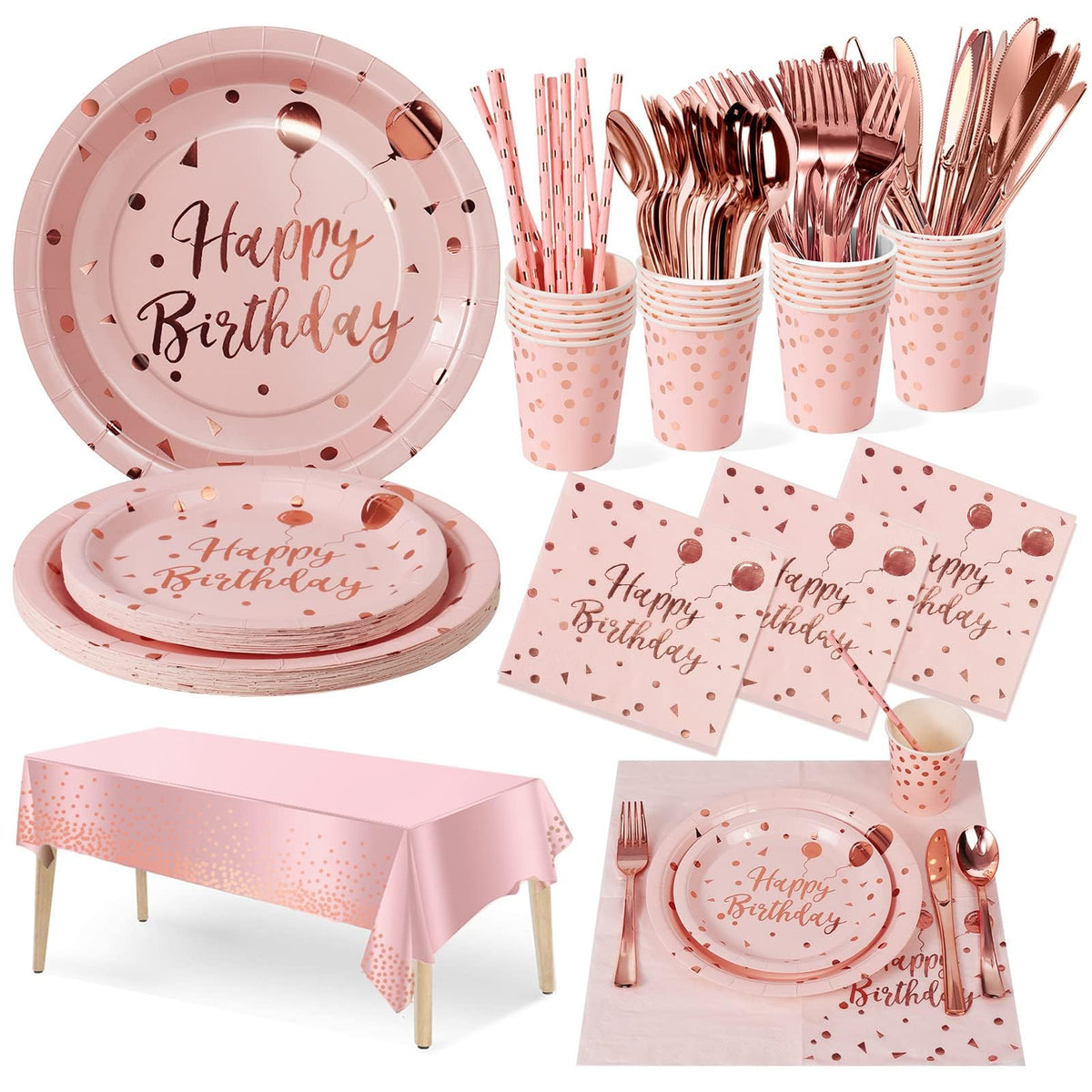 Nkaiso 161 Pcs Pink and Rosegold Birthday Plates and Napkins - Nkaiso Official Imagery - 1